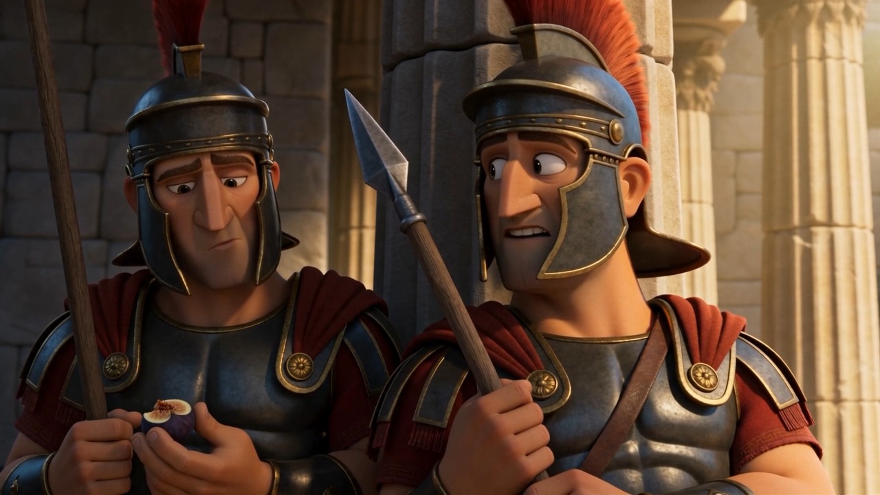 The second guard, chewing a fig, not looking up: maybe carry some water