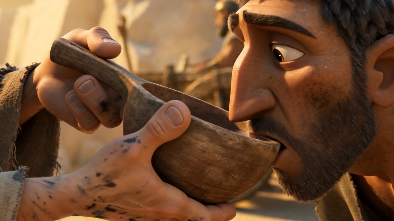 The ladle held steady for a dusty stone-cutter