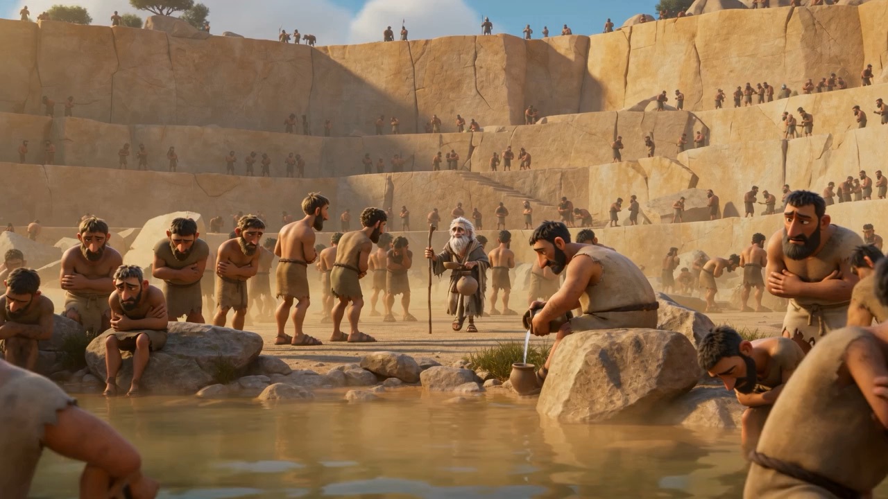 The water-line at midday, prisoners queuing in the dust