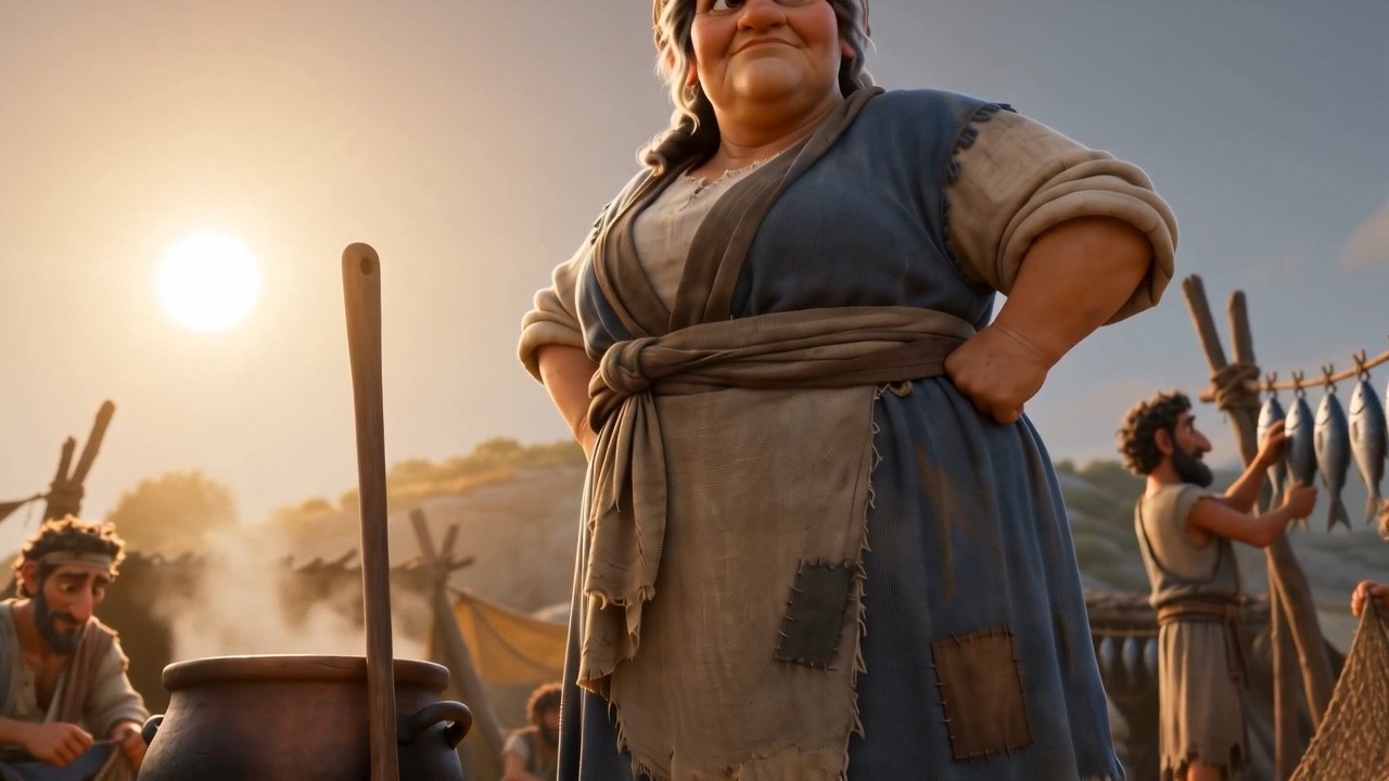 One woman commanding a shoreline with a soup ladle