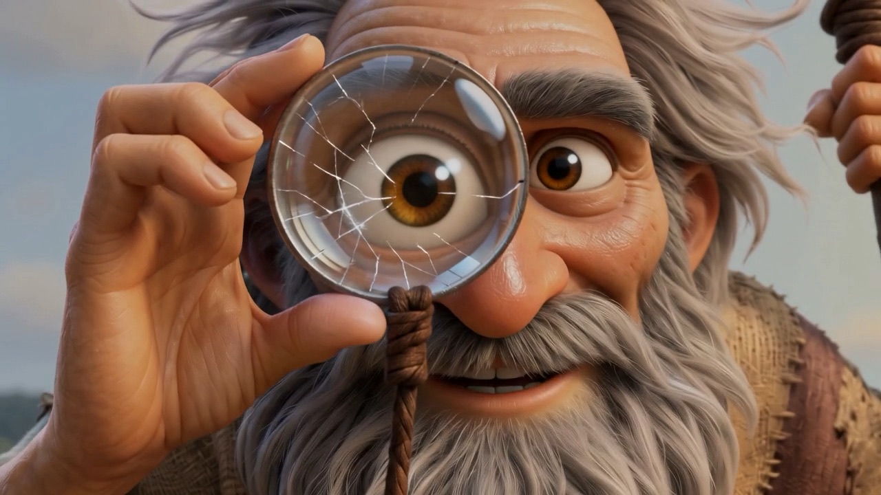 The Old Teacher's cracked reading-crystal — one enormous delighted eye