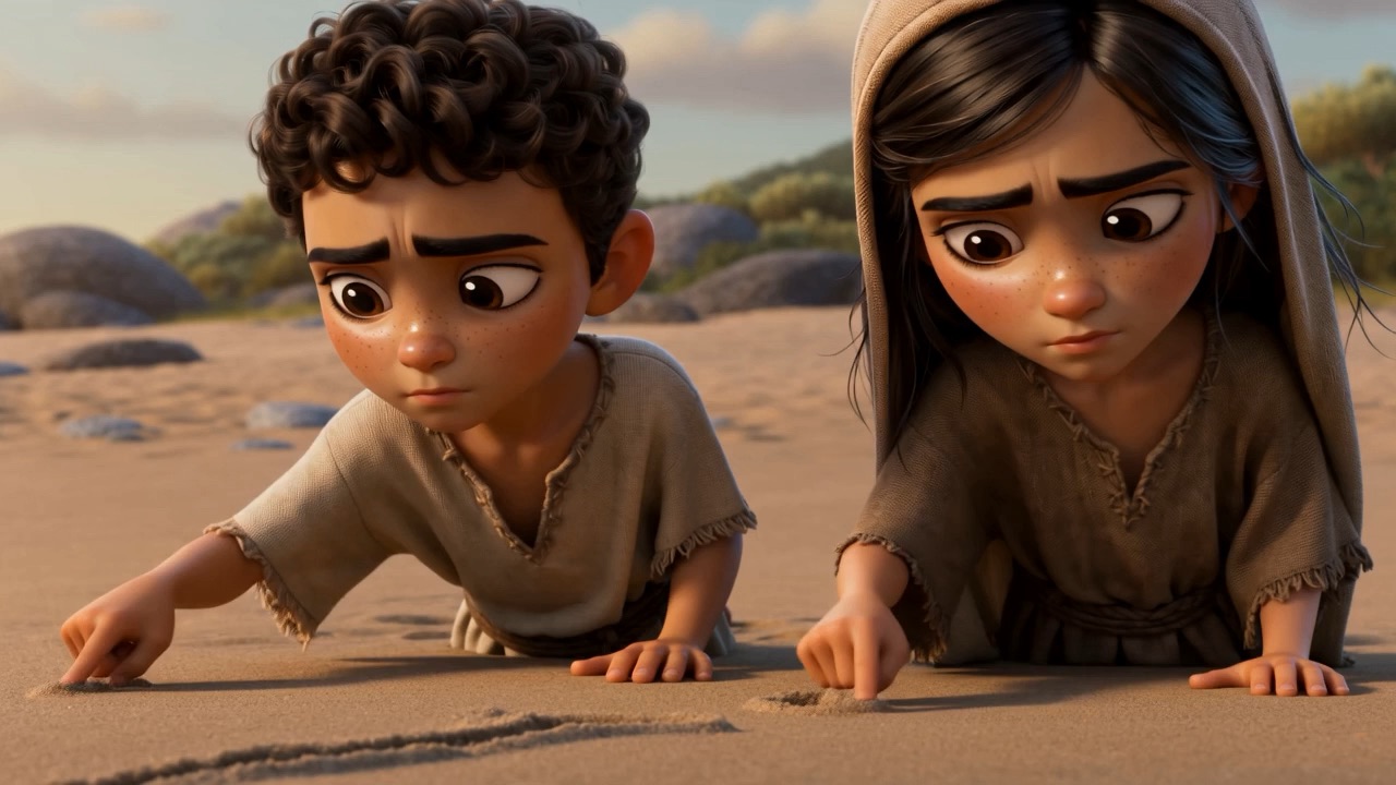 Two solemn children copying letters in the wet sand, tongues out