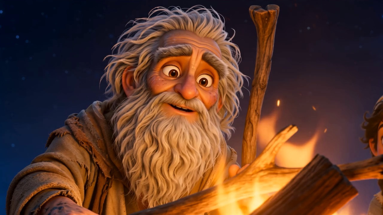 John pokes the fire once. Sparks climb toward the stars