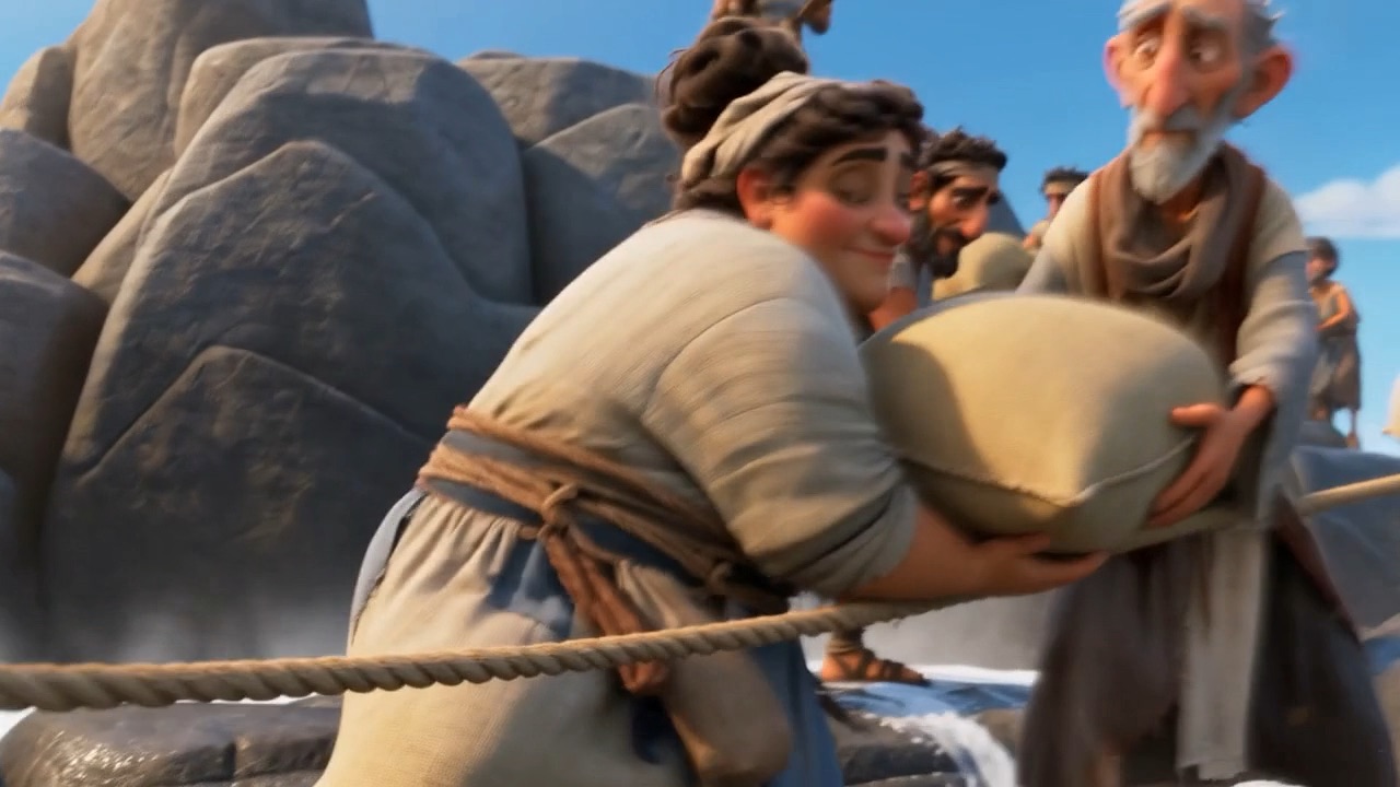 Grain sacks swing ashore hand to hand, a living chain