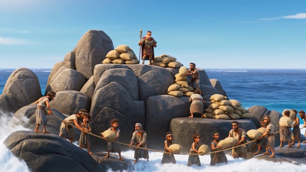 One man auditing grain at the edge of the ocean — counted once, then counted again