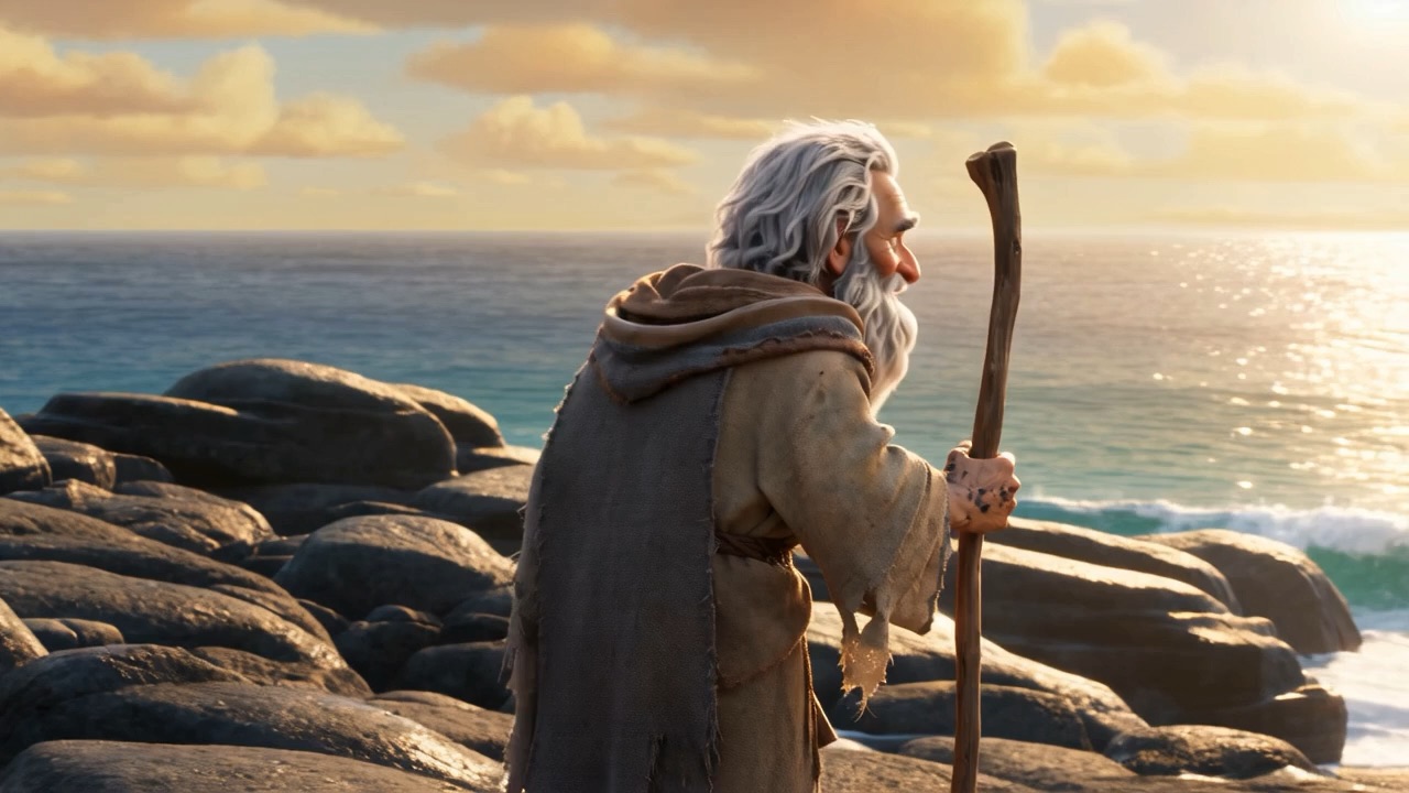 At the water's edge, John turns from the horizon