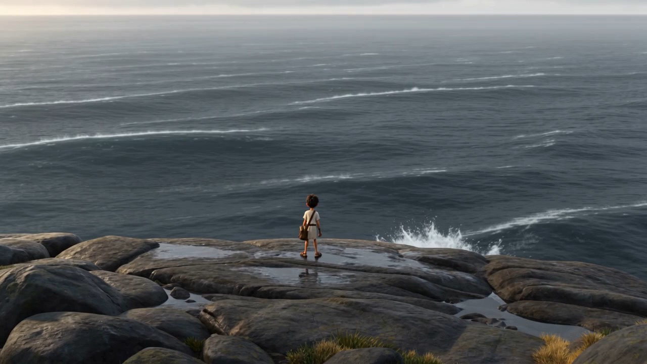 A boy, a rock shelf, and the whole uncrossable sea