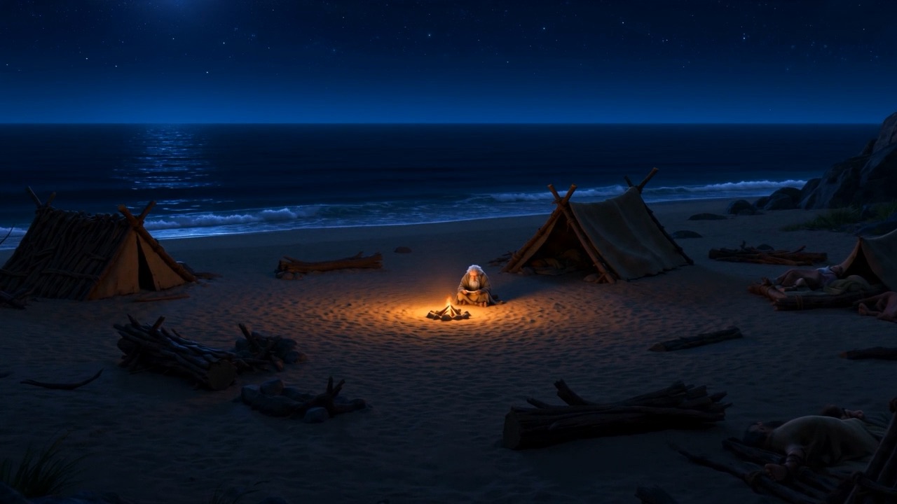 The sleeping camp — and one figure still upright