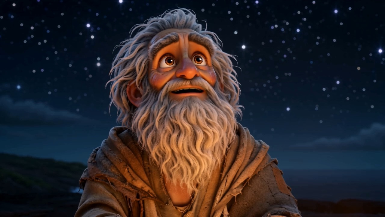 An old man looking up the way a child looks at a father