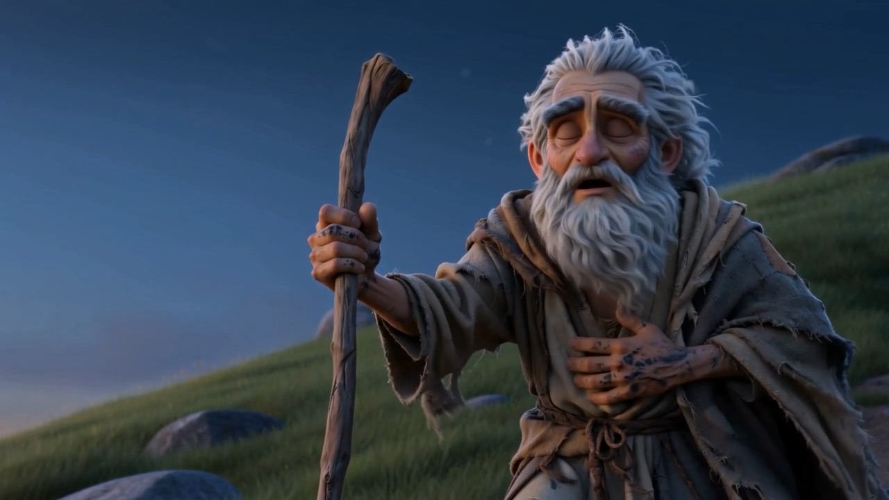 He stops. Leans on the staff. Three long breaths, and climbs on