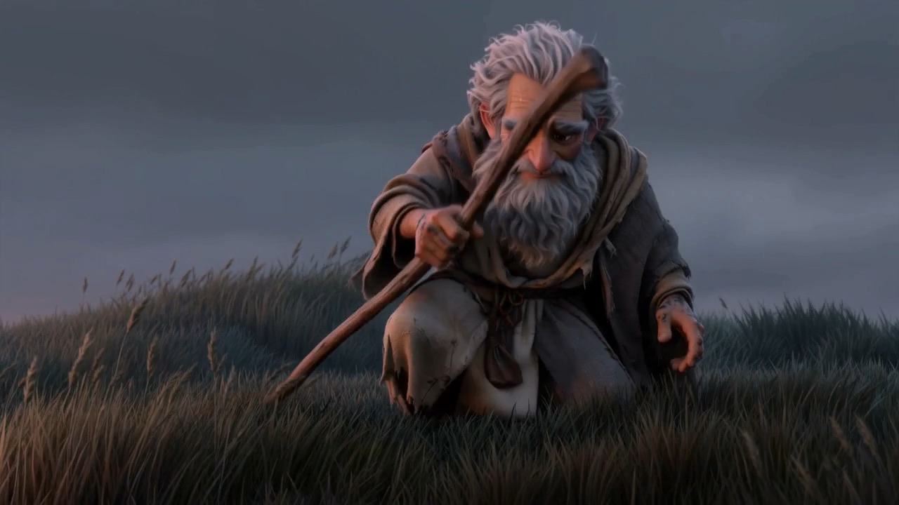 Down to his knees in the deep grass, the staff laid down beside him