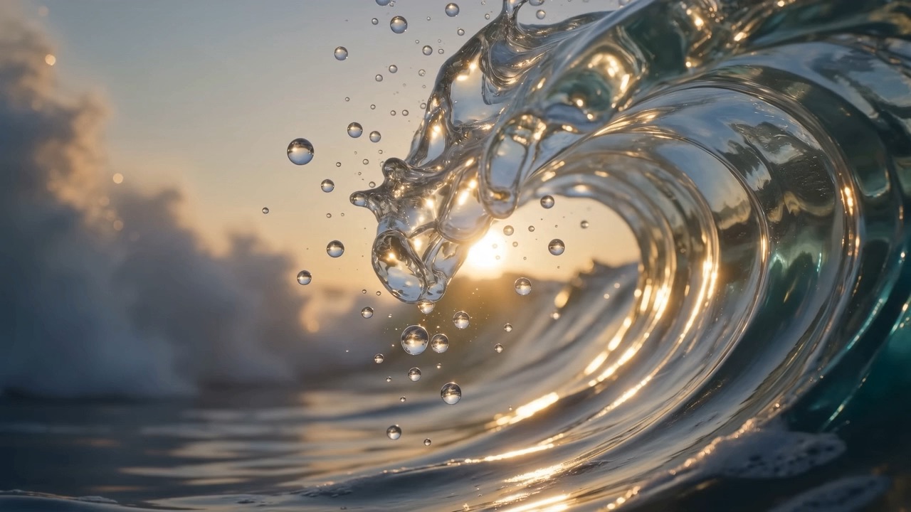 Below the headland, a wave holds half-broken, glassy and sculptural