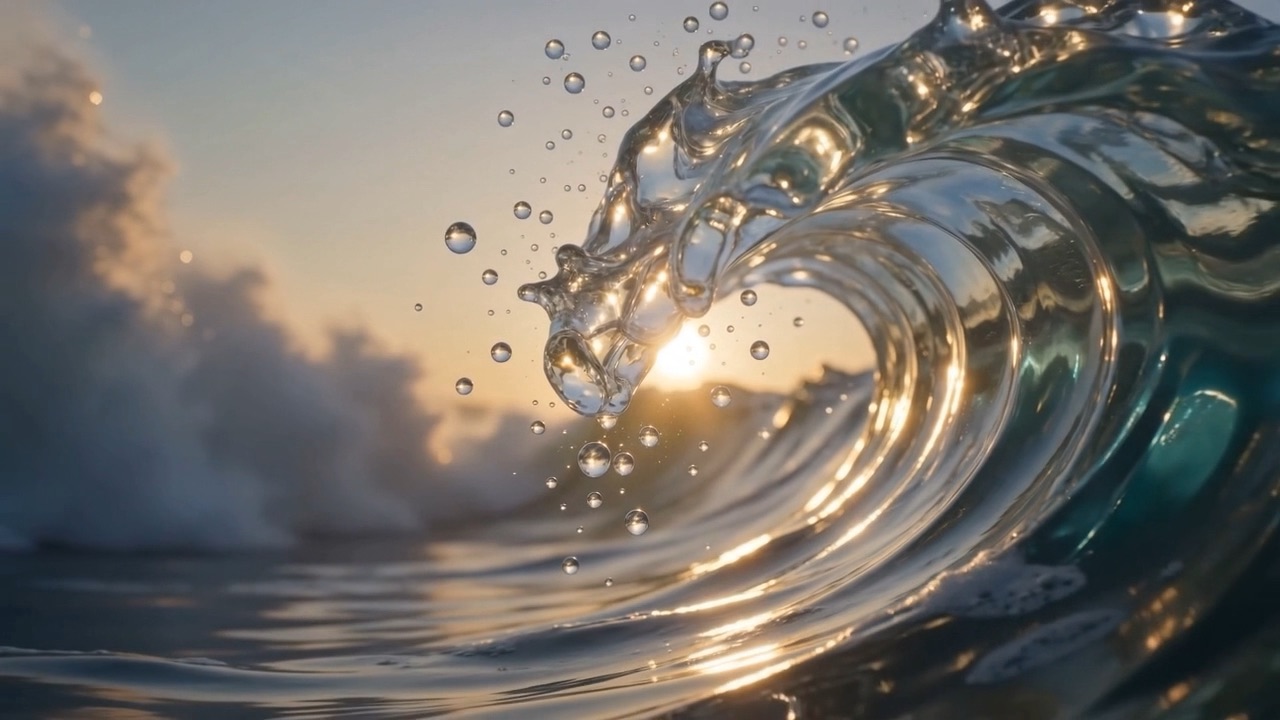 Spray hangs in the air like a scatter of glass beads