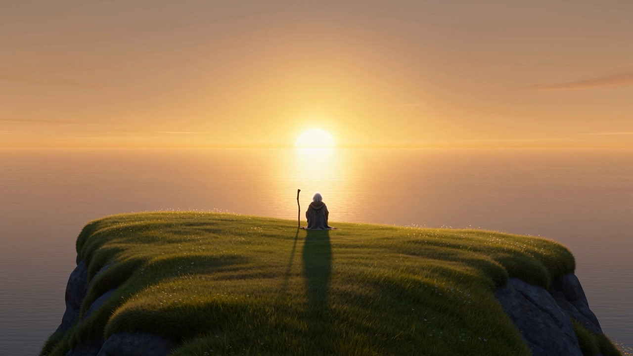 The sunrise holds him — and then the light stops being only the sun's