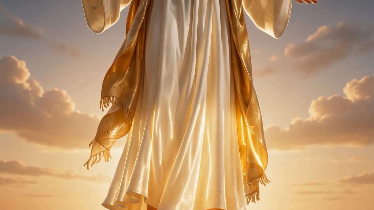 The robe falling like carved light, the golden sash burning softly