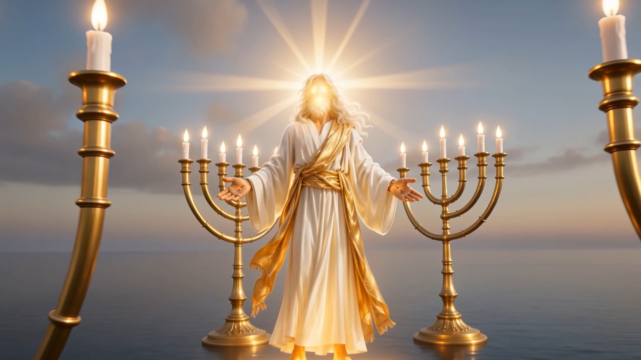 The lampstand flames leaning faintly toward Him