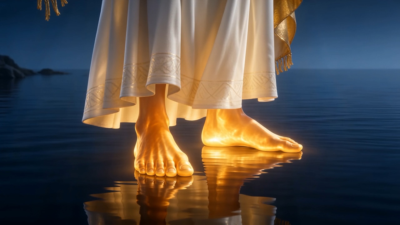 Feet glowing like bronze straight from a furnace