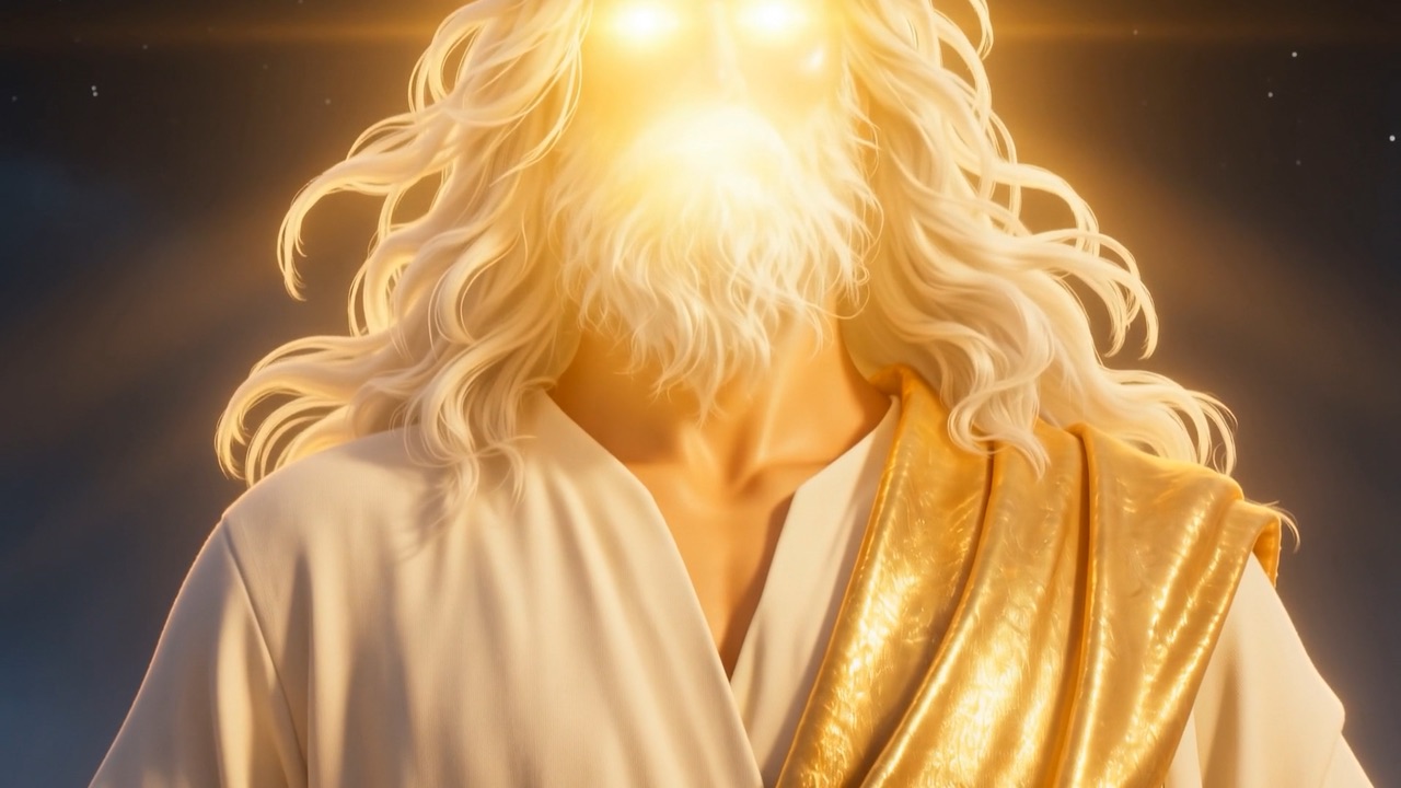 And the face is pure light — where eyes belong, two calm flames