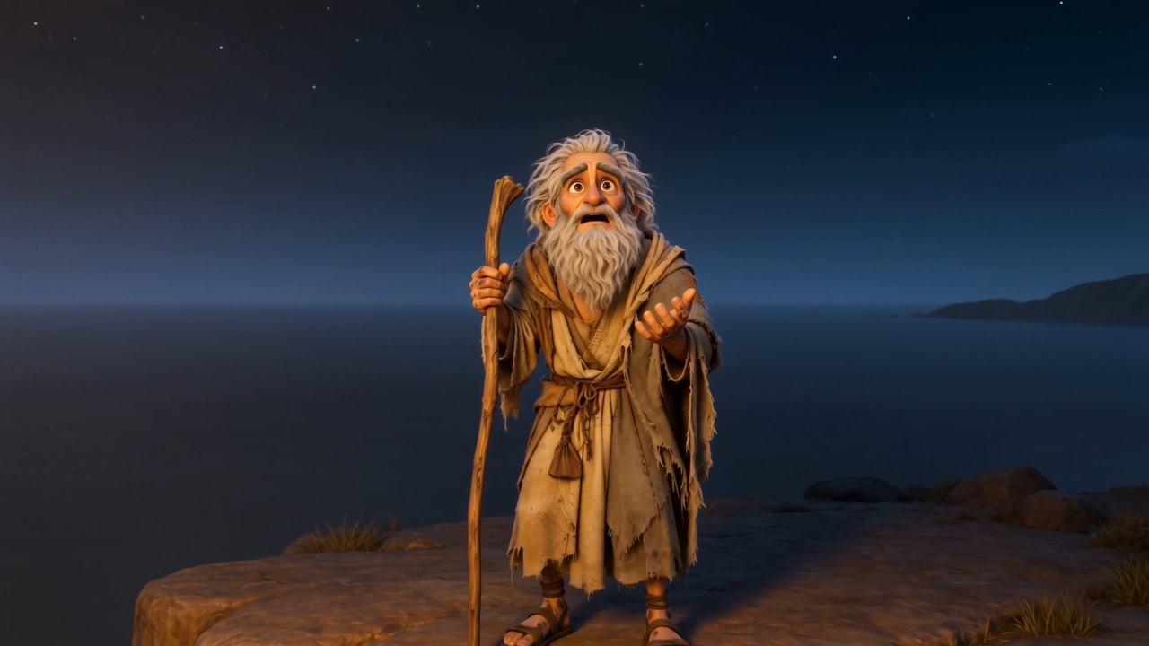One old man on a cliff, lit by that face across all the distance