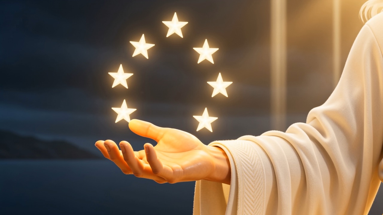 Above the open palm, seven small stars orbiting slowly, obedient as planets