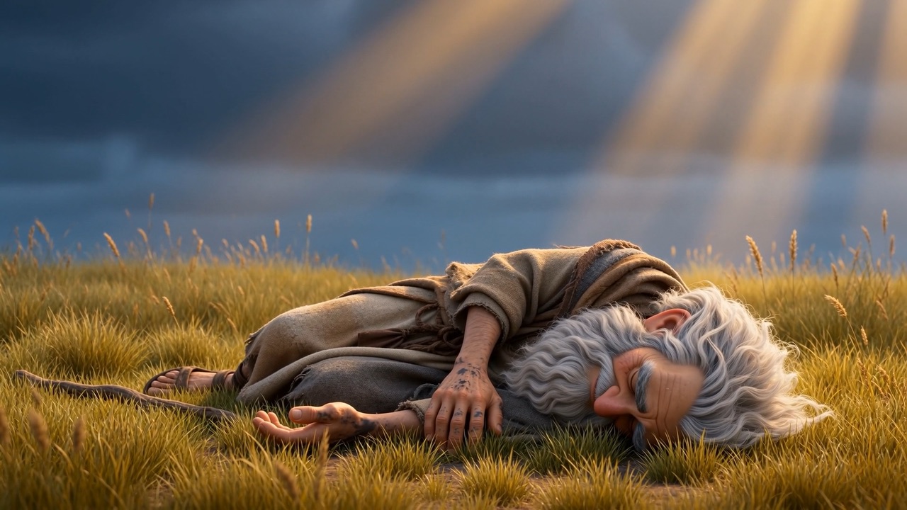 And the old man crumples — knees, then side, beard spilled
