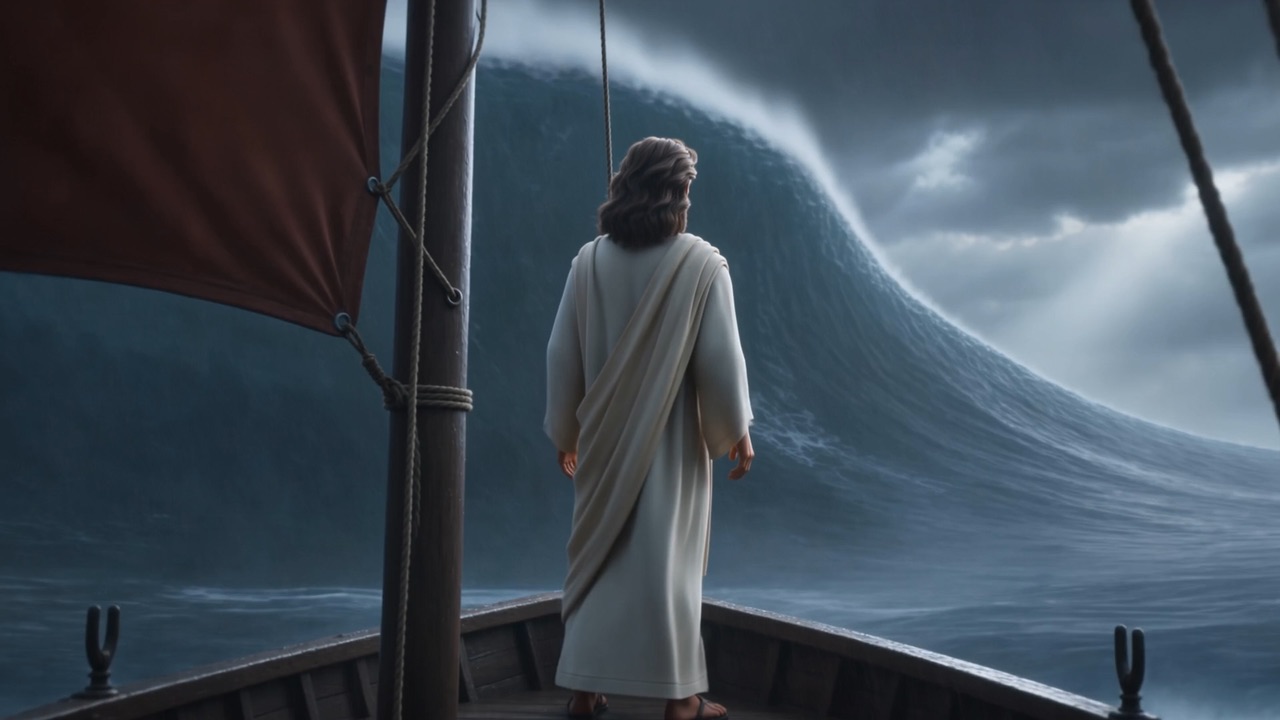 The Man in the bow, facing the wall of black water