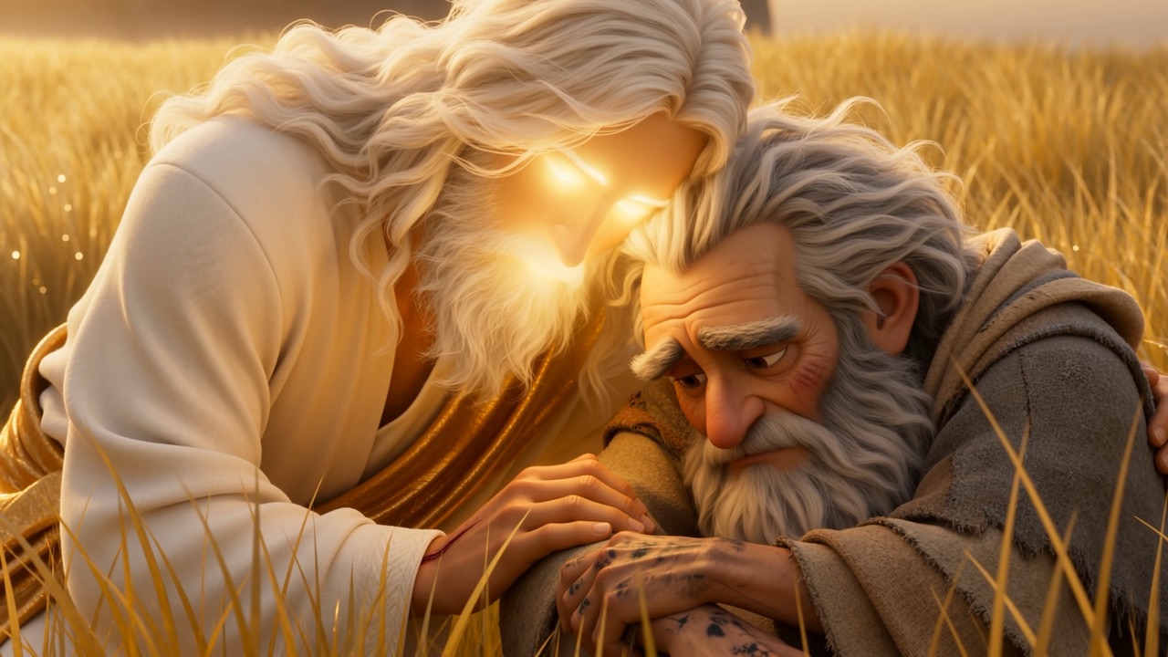 The robe pooling like poured light beside a fallen old man