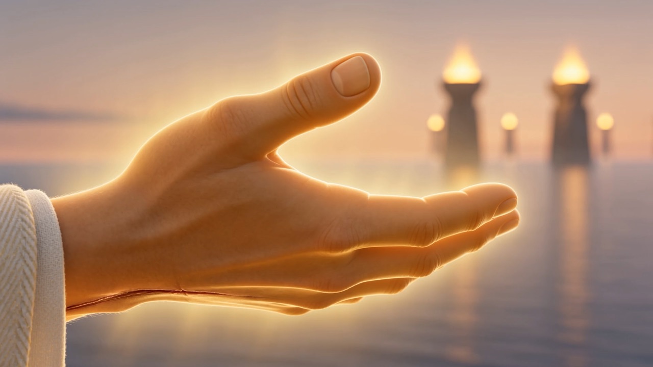 A strong hand, warm-lit — and through the wrist, an old scar. Healed. Unmistakable