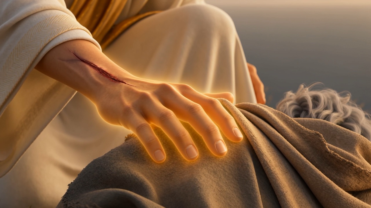 It comes to rest on John's shoulder — the grip of a friend, not the touch of a ghost