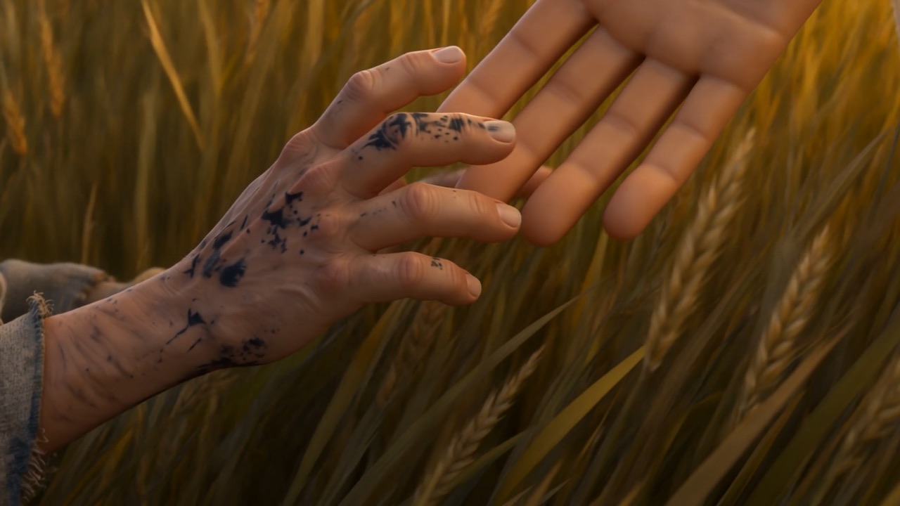 Ink-stained old fingers climb — finding the hand, the wrist, the scar