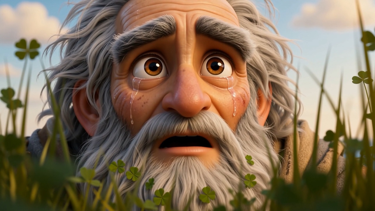 The face rising at last from the grass, white beard full of clover