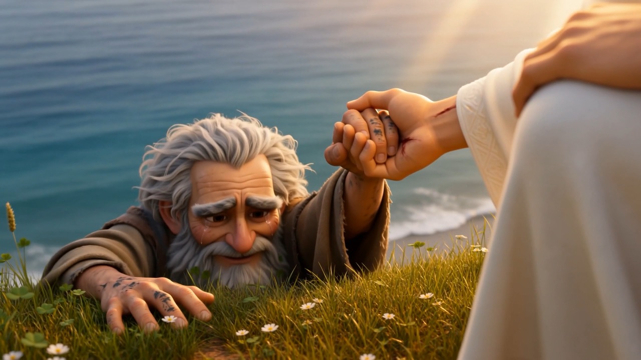 The oldest apostle, helped up by his oldest Friend