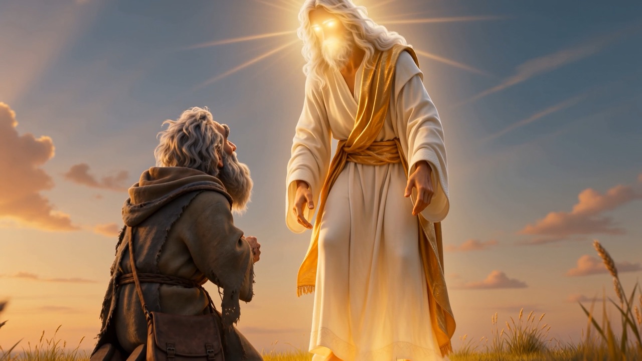 He rises, and the open hand turns toward John: giving, not demanding