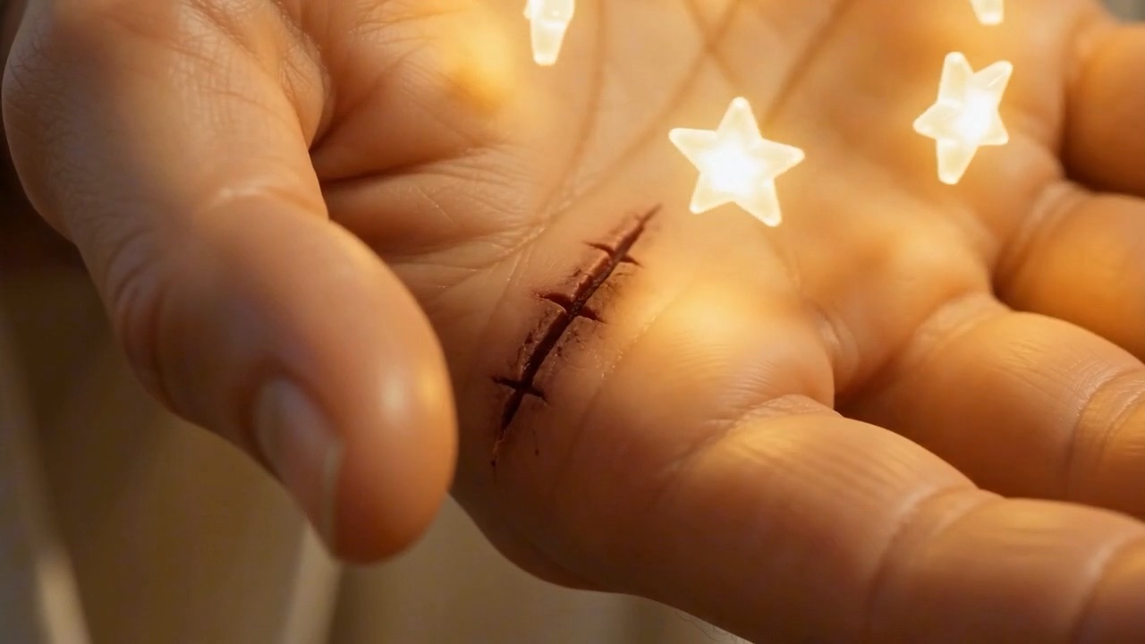 One star drifts past the scar — small light, old wound, one frame