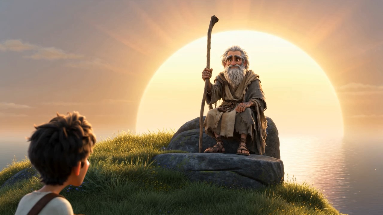 Old John, seated calm on a stone, changed. Lit from within