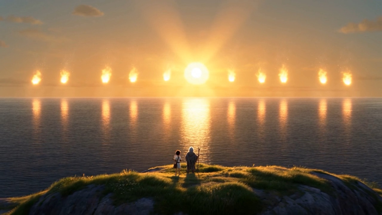Far out over the water, faint as breath on glass, small flames still shimmer