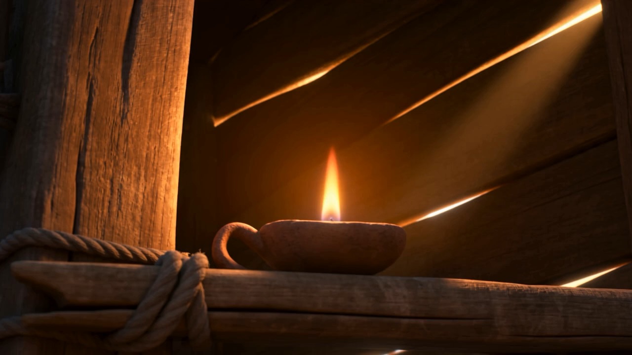 One clay lamp, lighting the whole crooked room amber