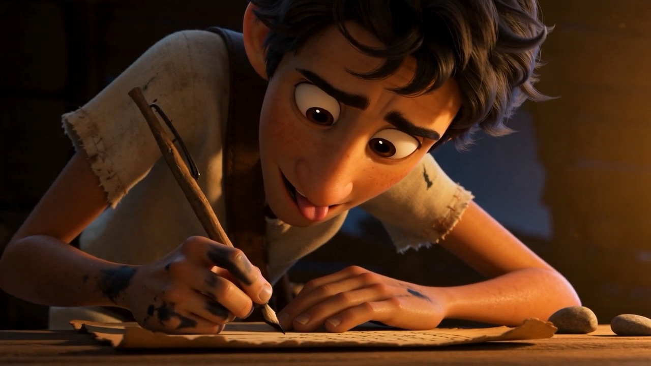 Tongue between his teeth, leaning his whole body into the letters