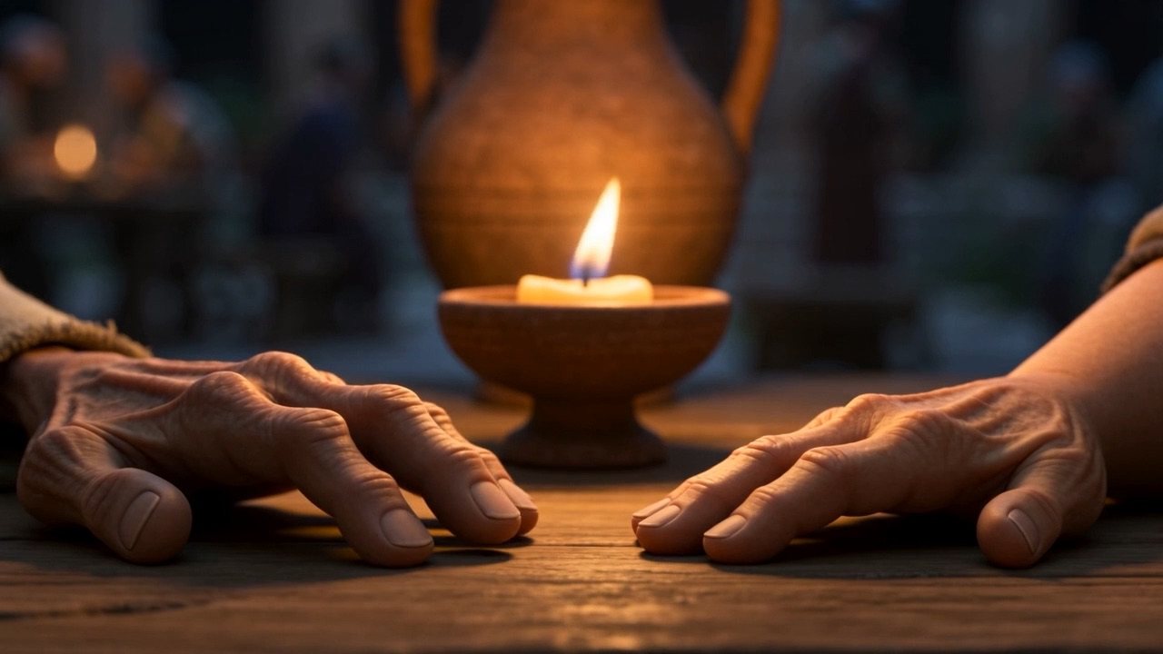 Two work-worn hands on the table, an inch apart. Parallel. Not touching