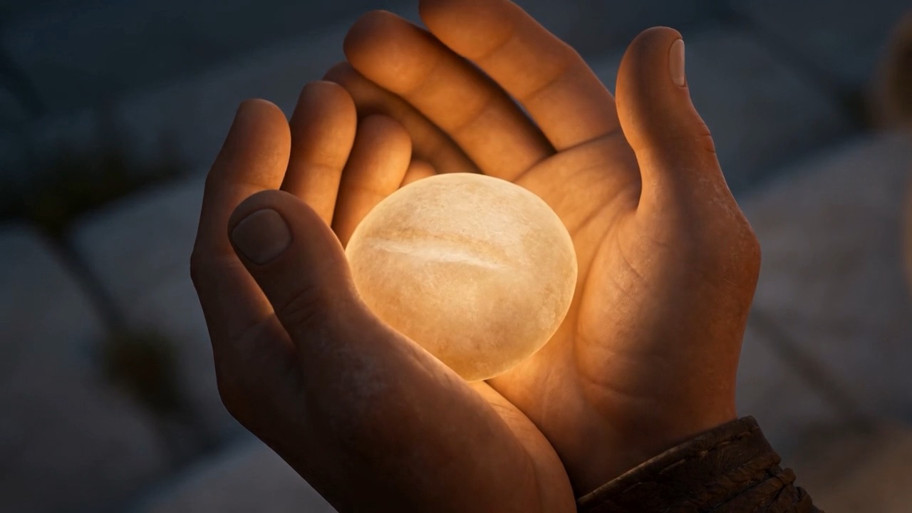 And in the dusk-light it glints pale and smooth — white as a small, new stone