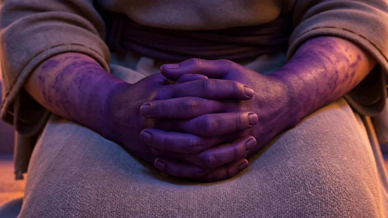 Hands stained Tyrian purple to the wrist, folded still amid the feast