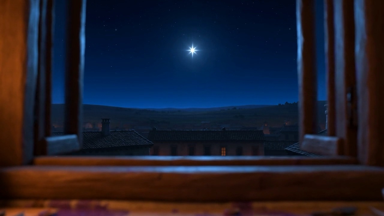 Past all of it, above the rooftops: one bright star, steady where the sun went down