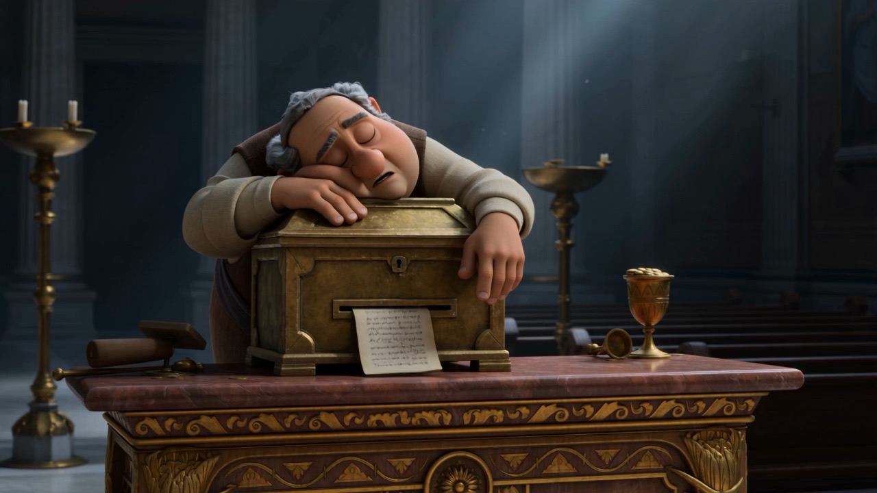 A plump steward dozes over the money-box, chin descending by degrees