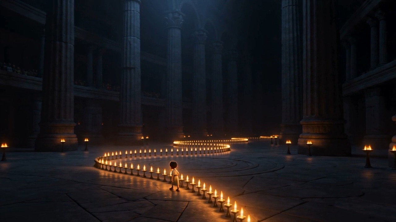 His little light, multiplying itself down the gloom