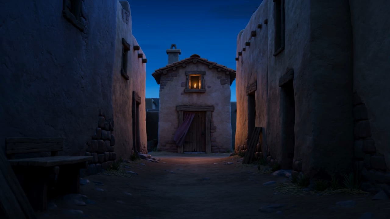 A tiny mud-brick meeting-house at the edge of town, one lamp in its window