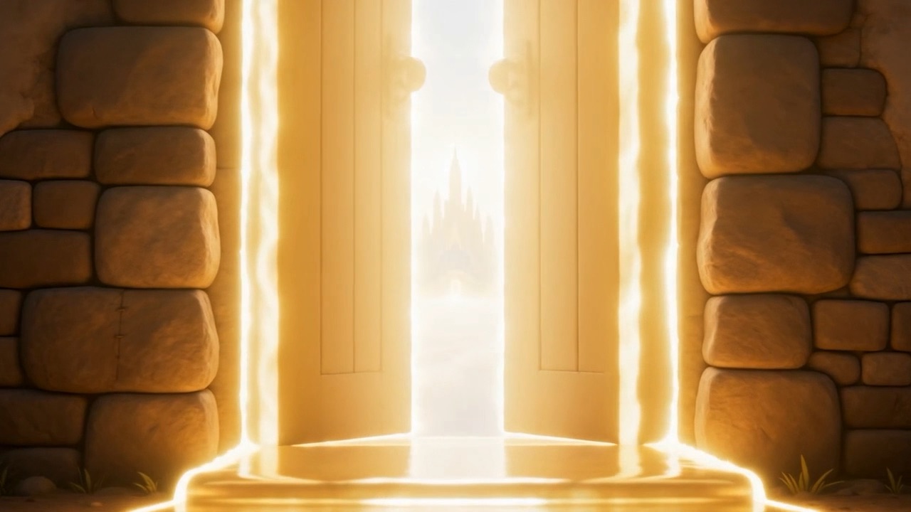 And behind them, where mud-brick should be: a doorway of light, standing open