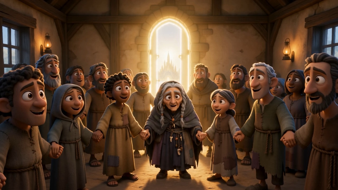 They sing on, faces forward — unaware of the open heaven at their backs
