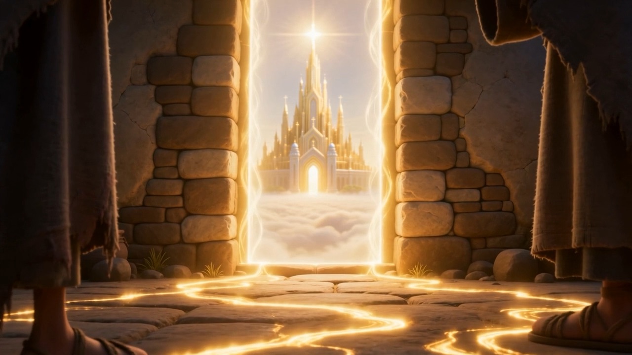 Through it, faint and far: the gleam of a city — gold spilling to their heels