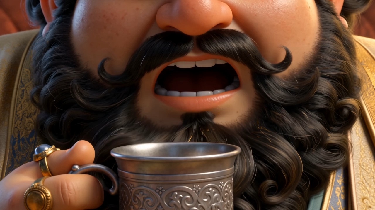 He sips, grandly. Freezes