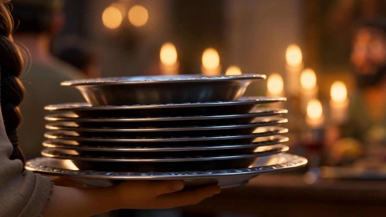 Serving height: a stack of silver dishes, moving through the feast